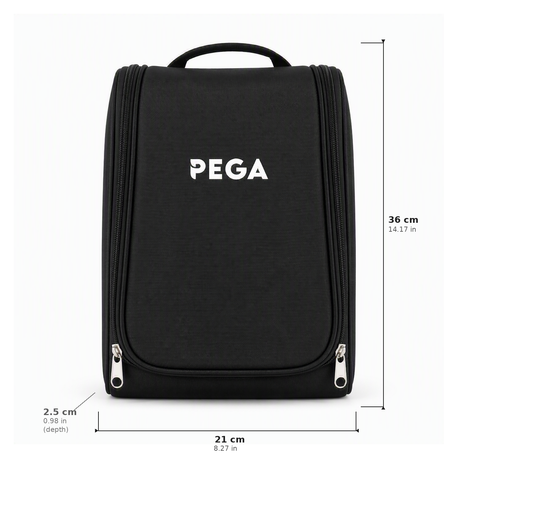 Black Pega Boot or Shoe bag with white logo text, shown with dimension lines and measurements indicating 36 cm height, 21 cm width, and 2.5 cm depth on a white background.